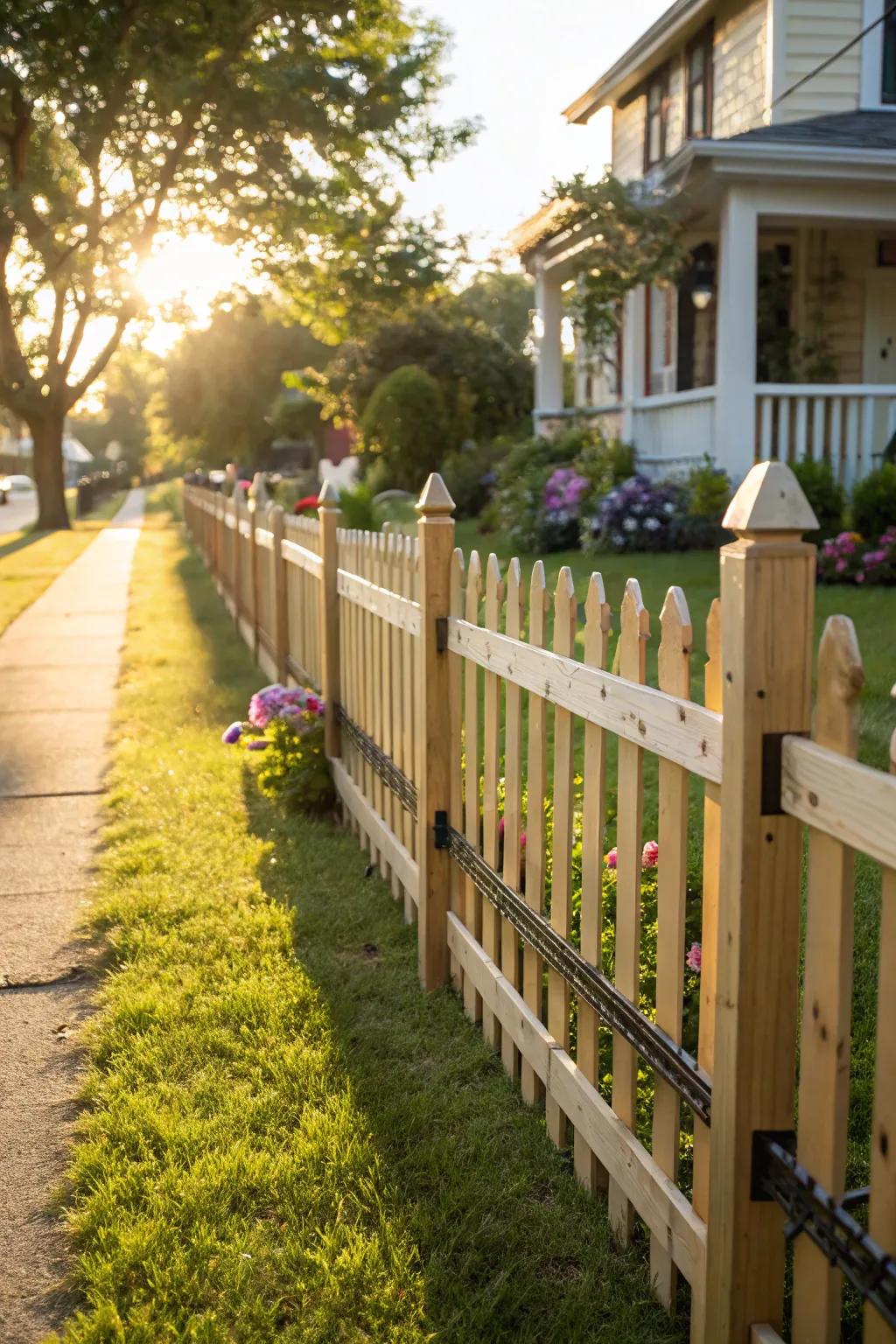 A charming open picket fence with wood and metal accents.