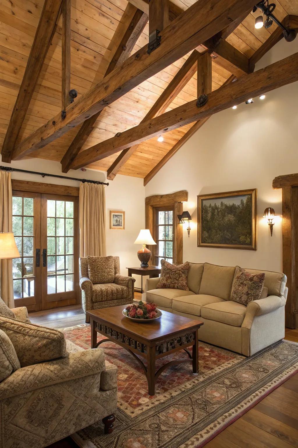 Inviting living room with thoughtful seating around wood beams.