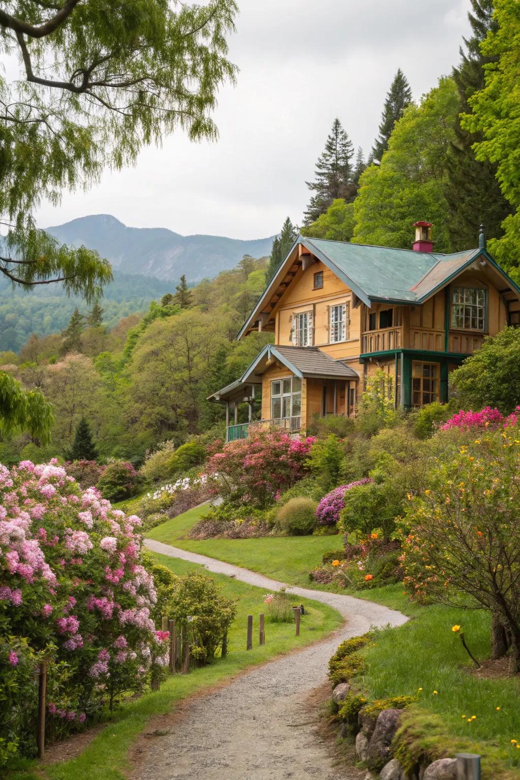 A wooden house featuring a palette that harmonizes with its landscaped garden.