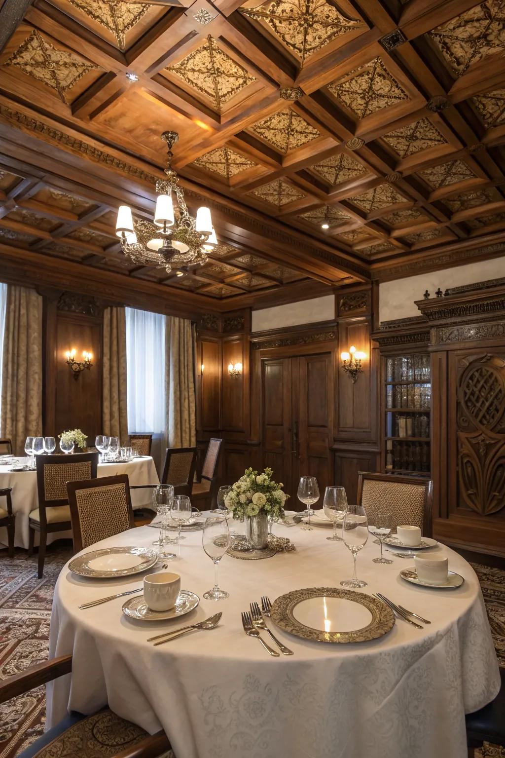 A dining room with a stunning wood pattern ceiling that adds height and elegance.