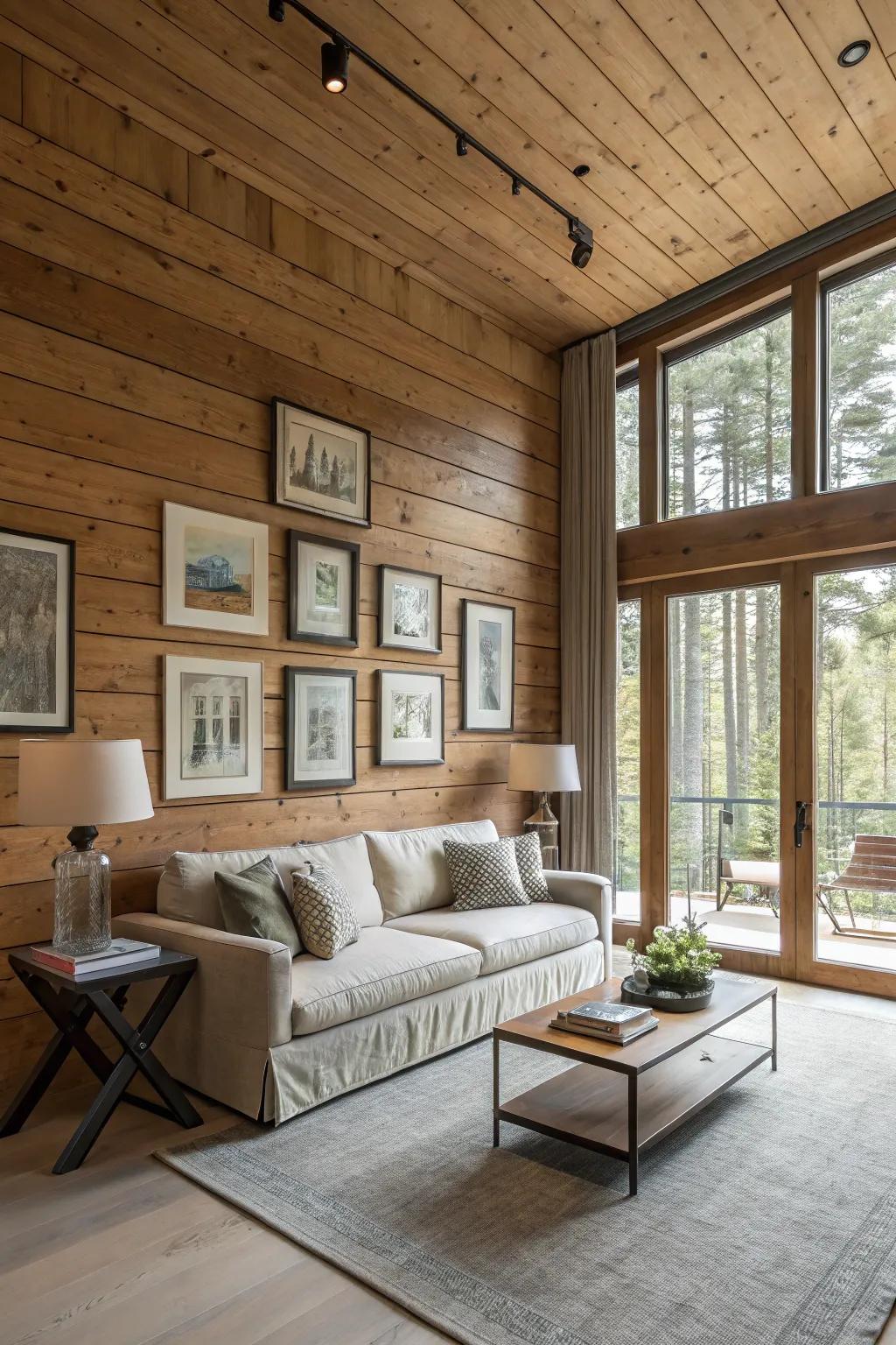 A living room showcasing wood panels and wall art.