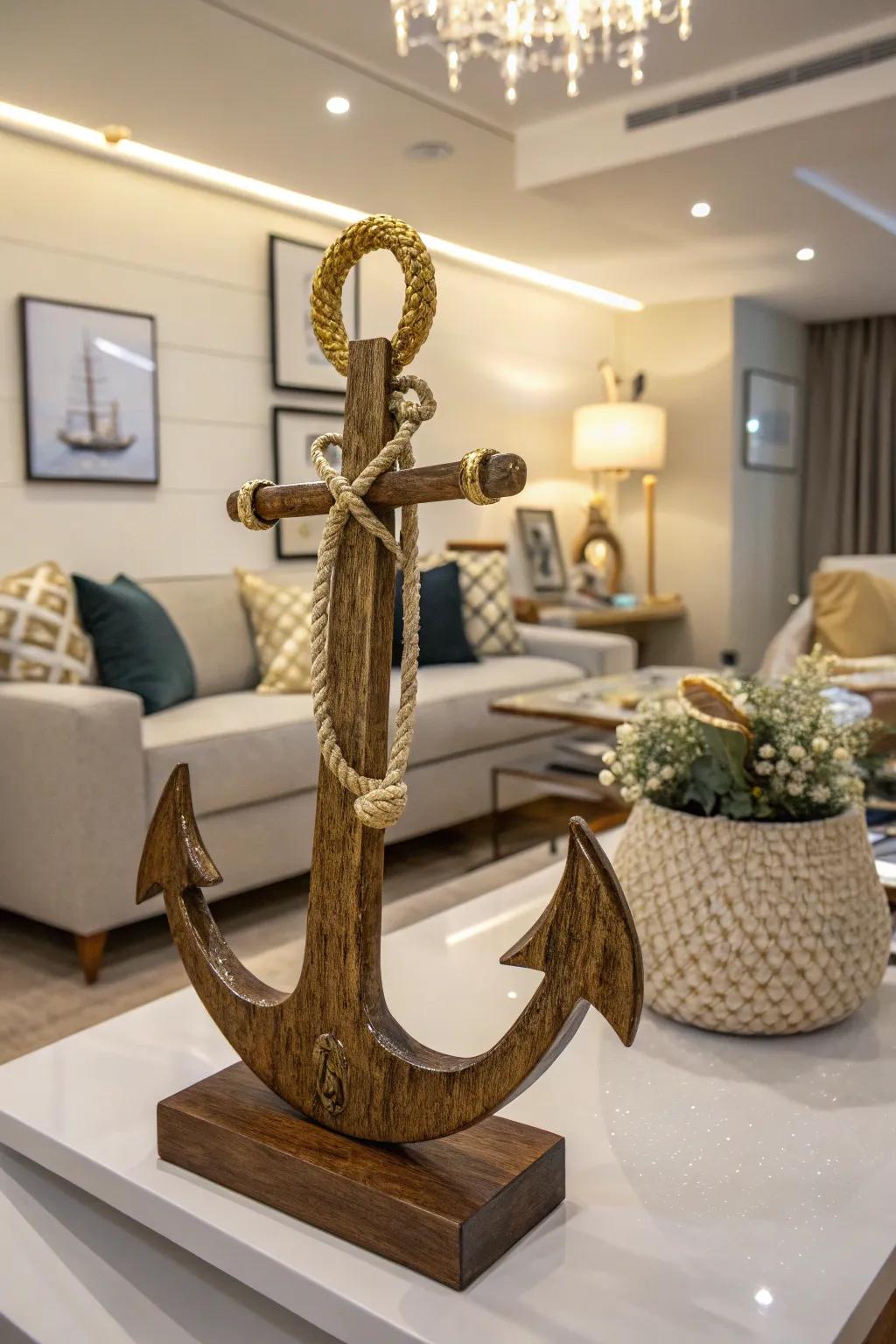 Sophisticated wooden anchor with metallic accents