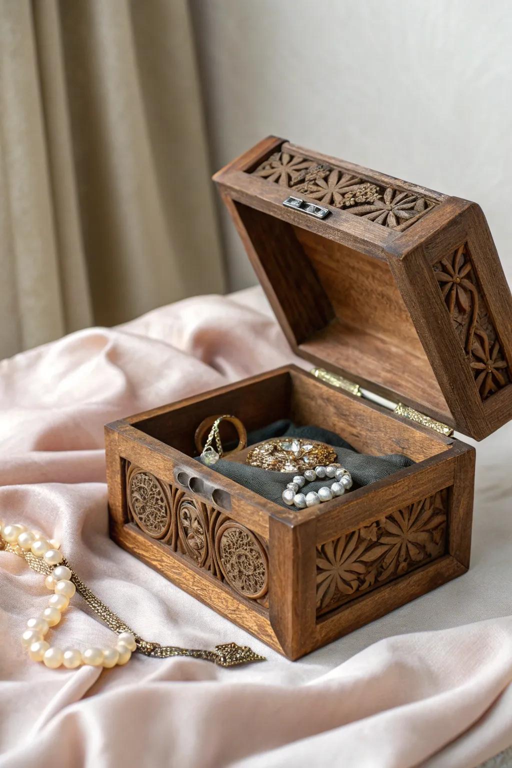 A wooden jewelry box that holds precious keepsakes beautifully.