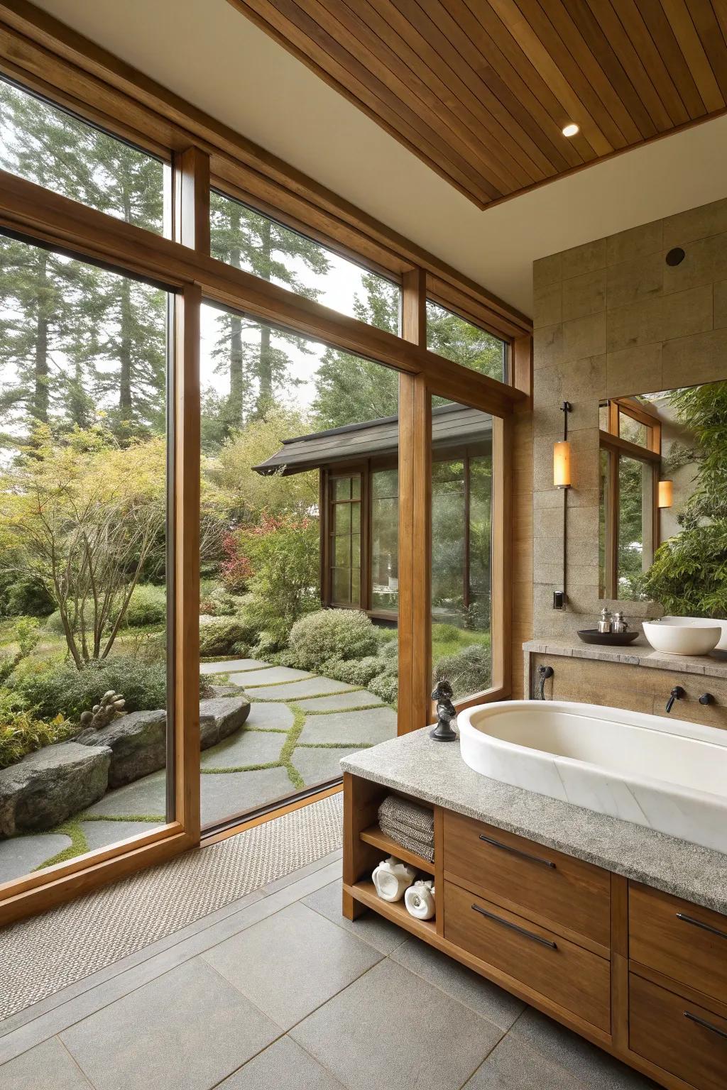 Open spaces and large windows bring a sense of freedom to a zen bathroom.