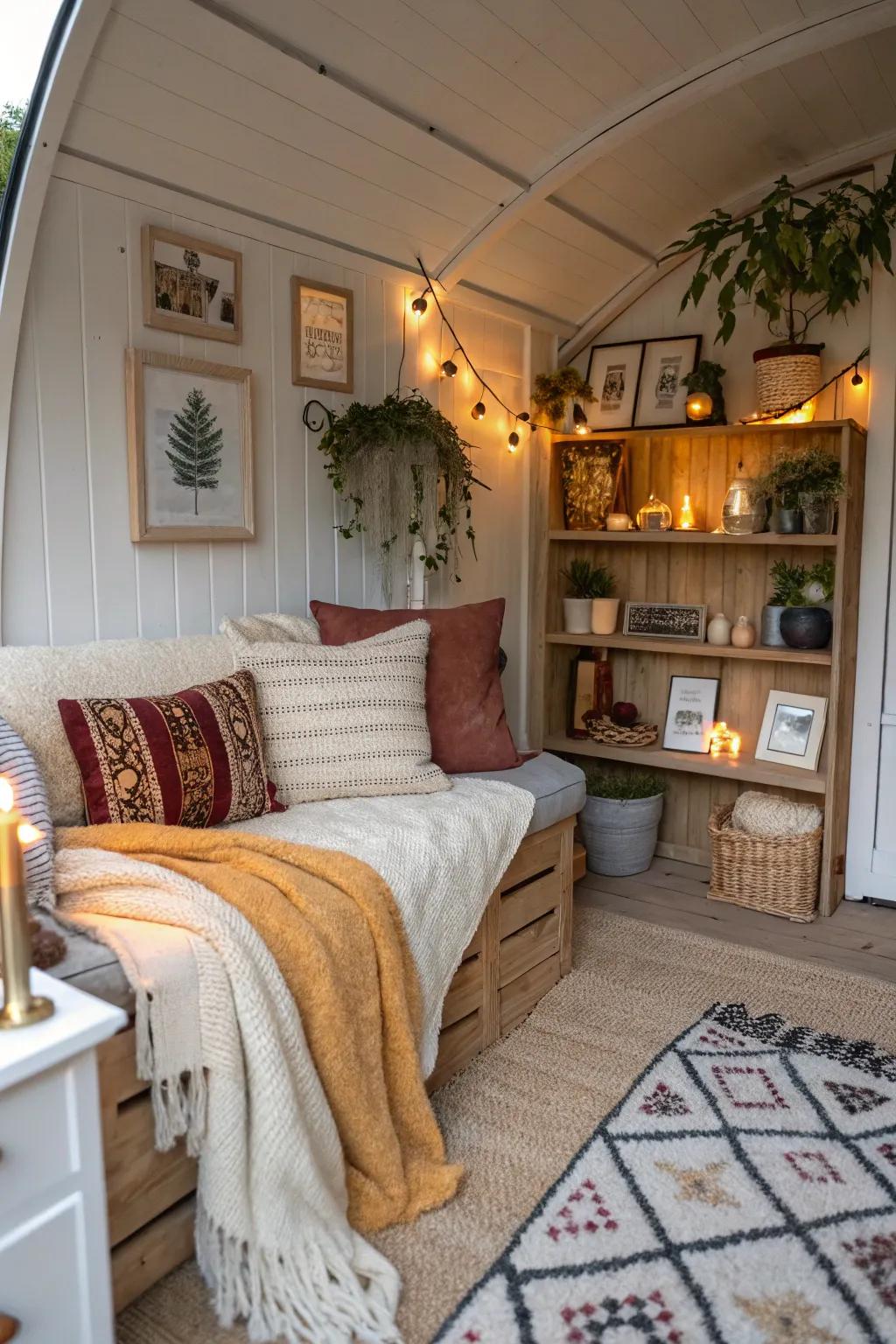 A she shed haven with personal touches and cozy textiles for relaxation.