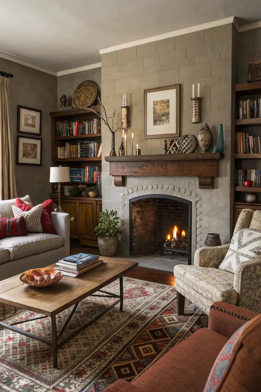 An eclectic mix of decor brings character and charm above the fireplace.