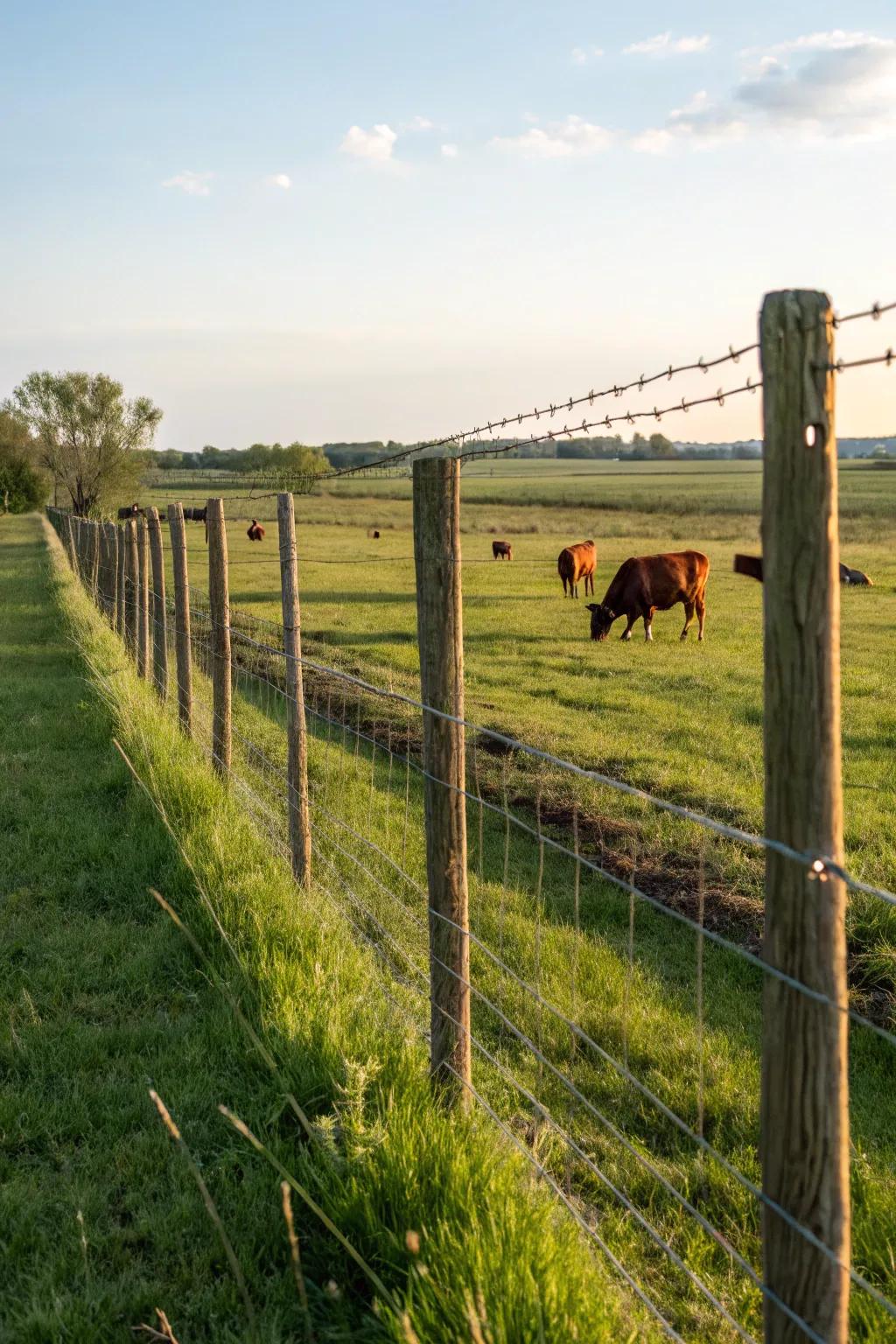 Electric fencing ensures livestock are securely contained.