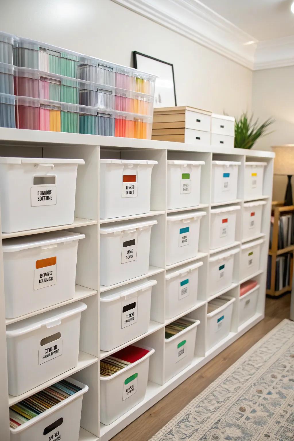 Stackable storage bins offering flexible vinyl storage solutions.