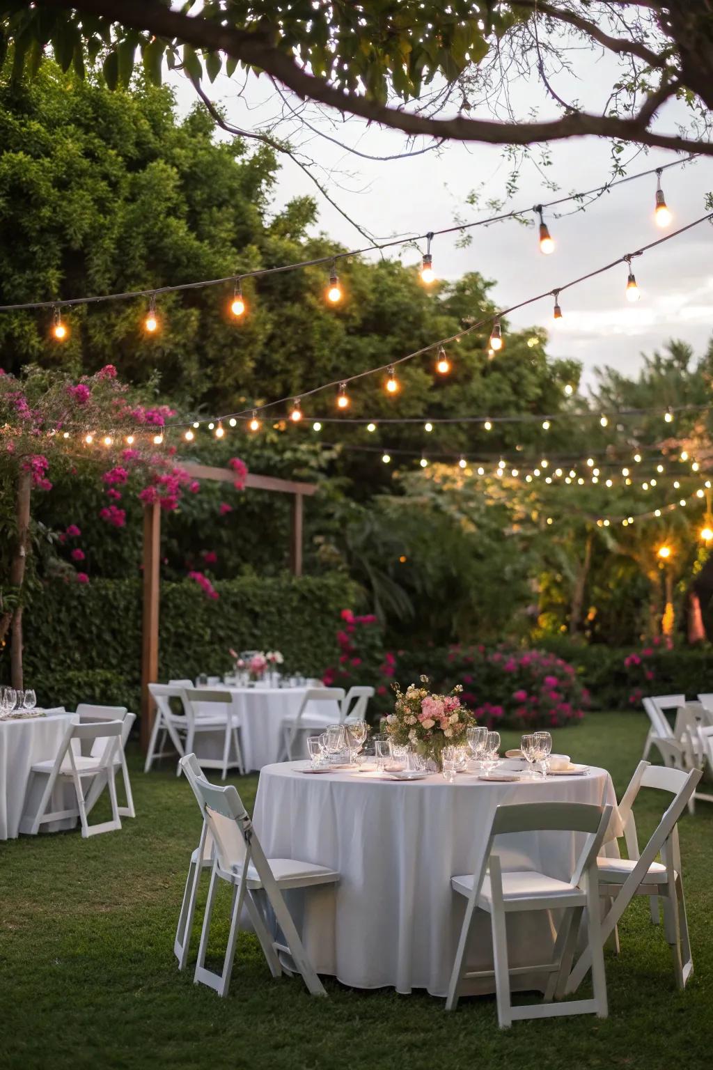 An outdoor all-white dinner setting is both magical and inviting.