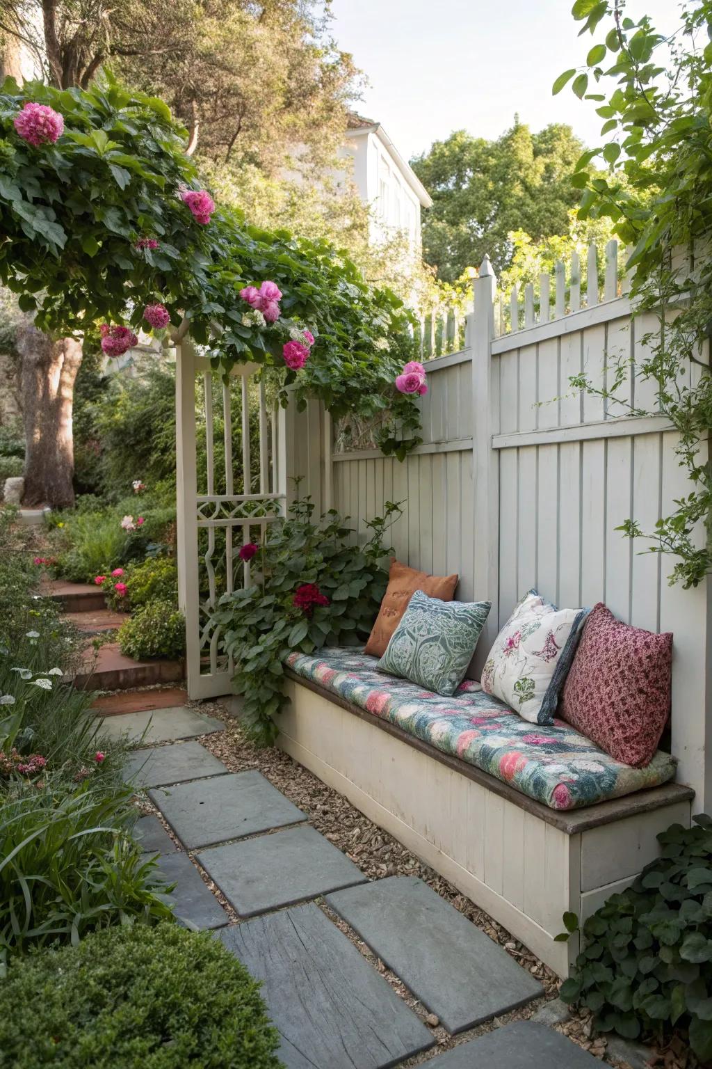 A seating area creates a cozy backyard retreat.