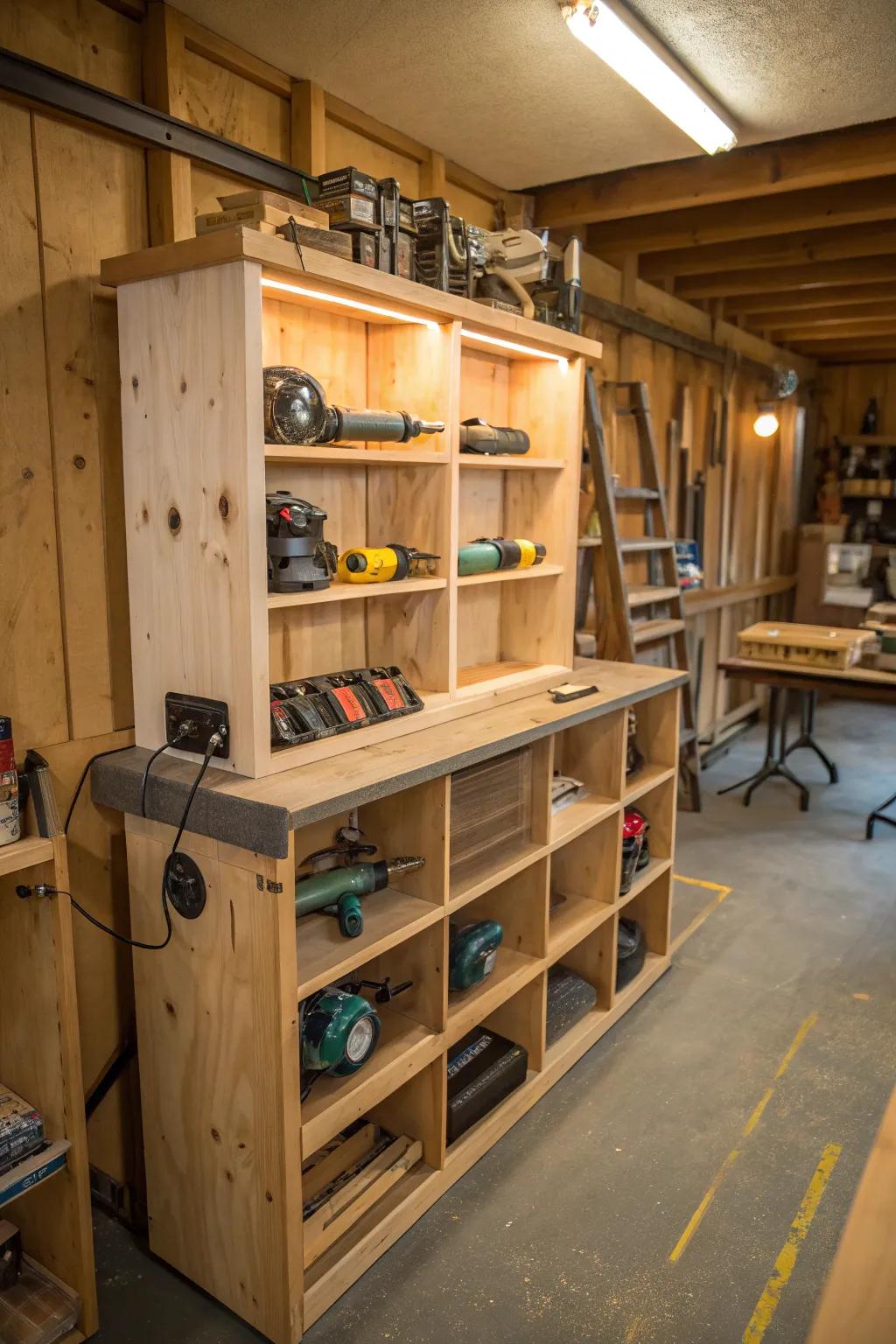 Rustic wooden shelf tailored for angle grinder storage.