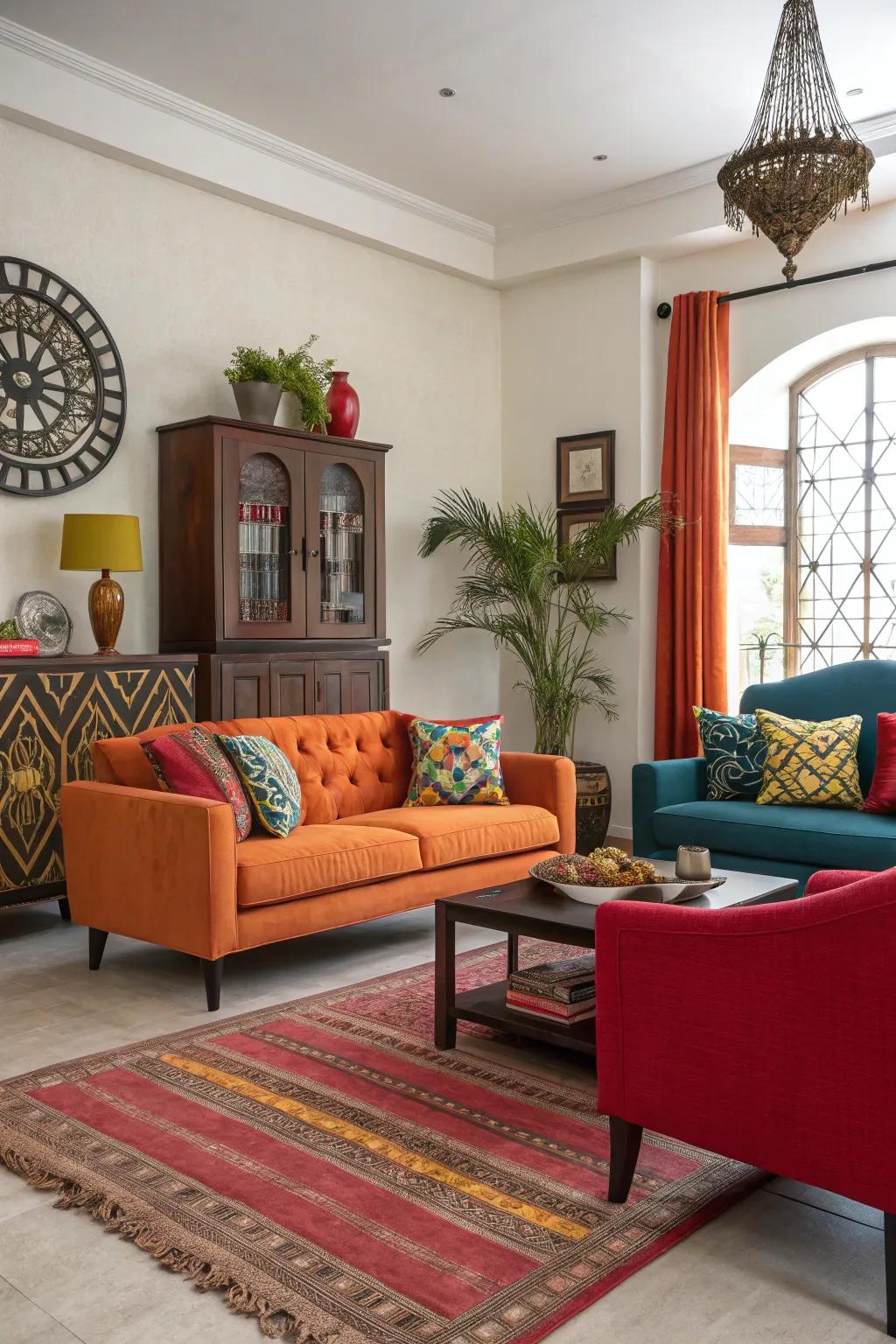 A dynamic living room with striking contrasts in color and texture.