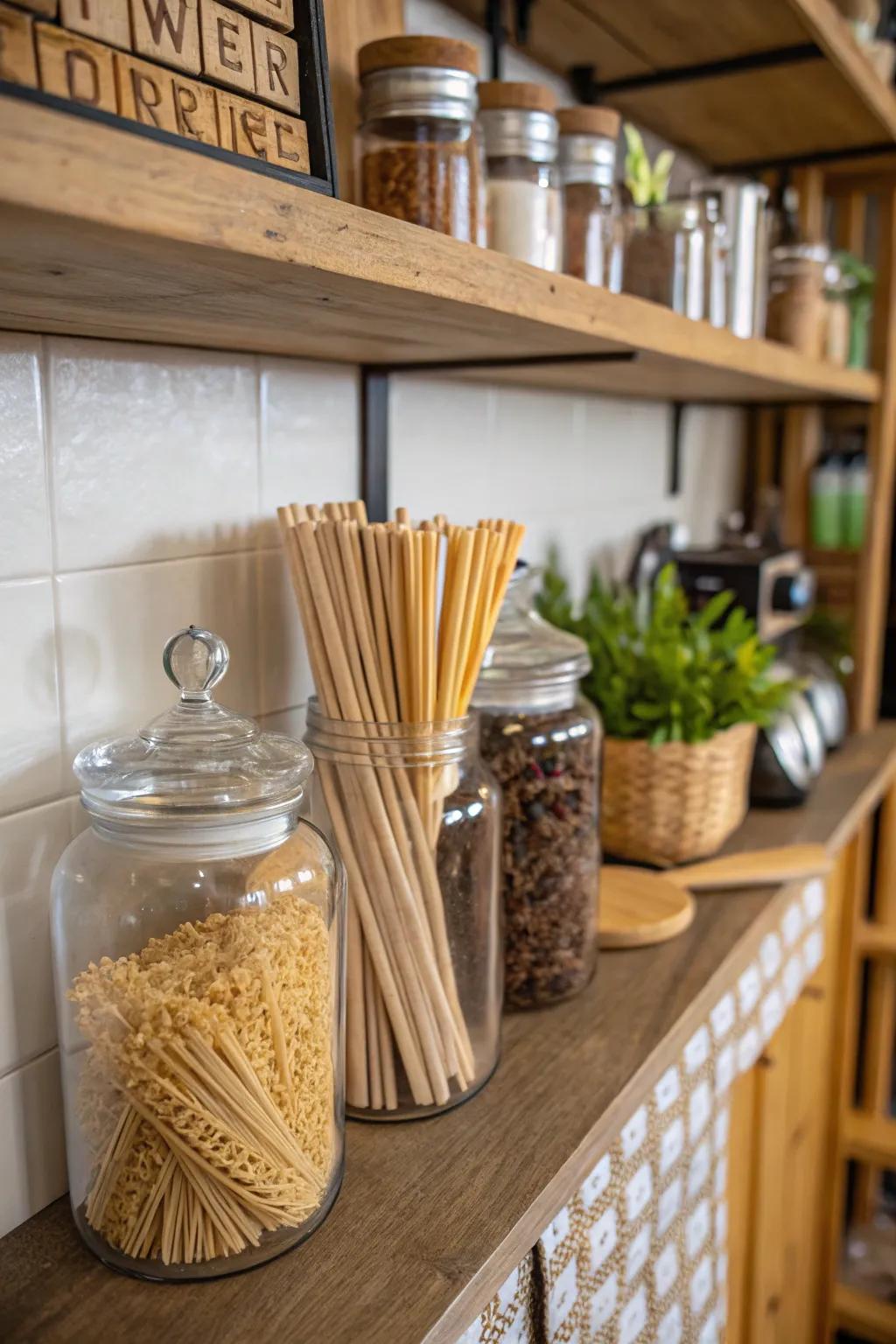 Eco-friendly decor in apothecary jars encourages sustainable living.