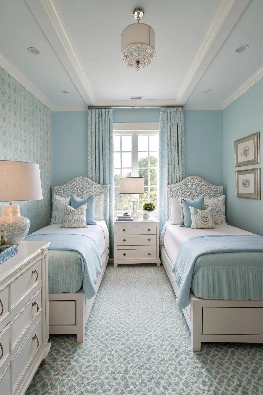 Symmetry and balance create a harmonious baby blue bedroom.