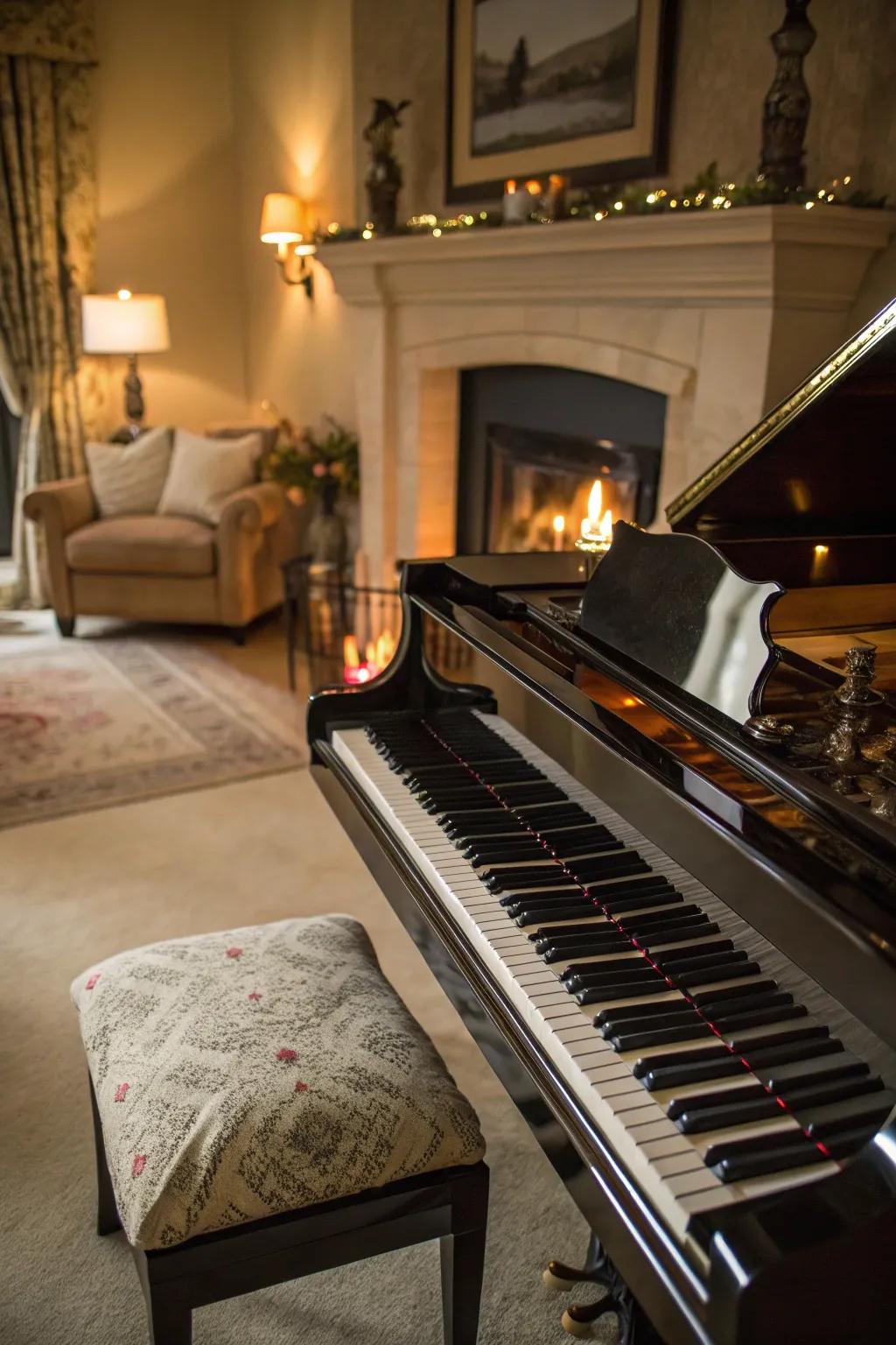 A fireplace adds warmth and charm to the piano setting.