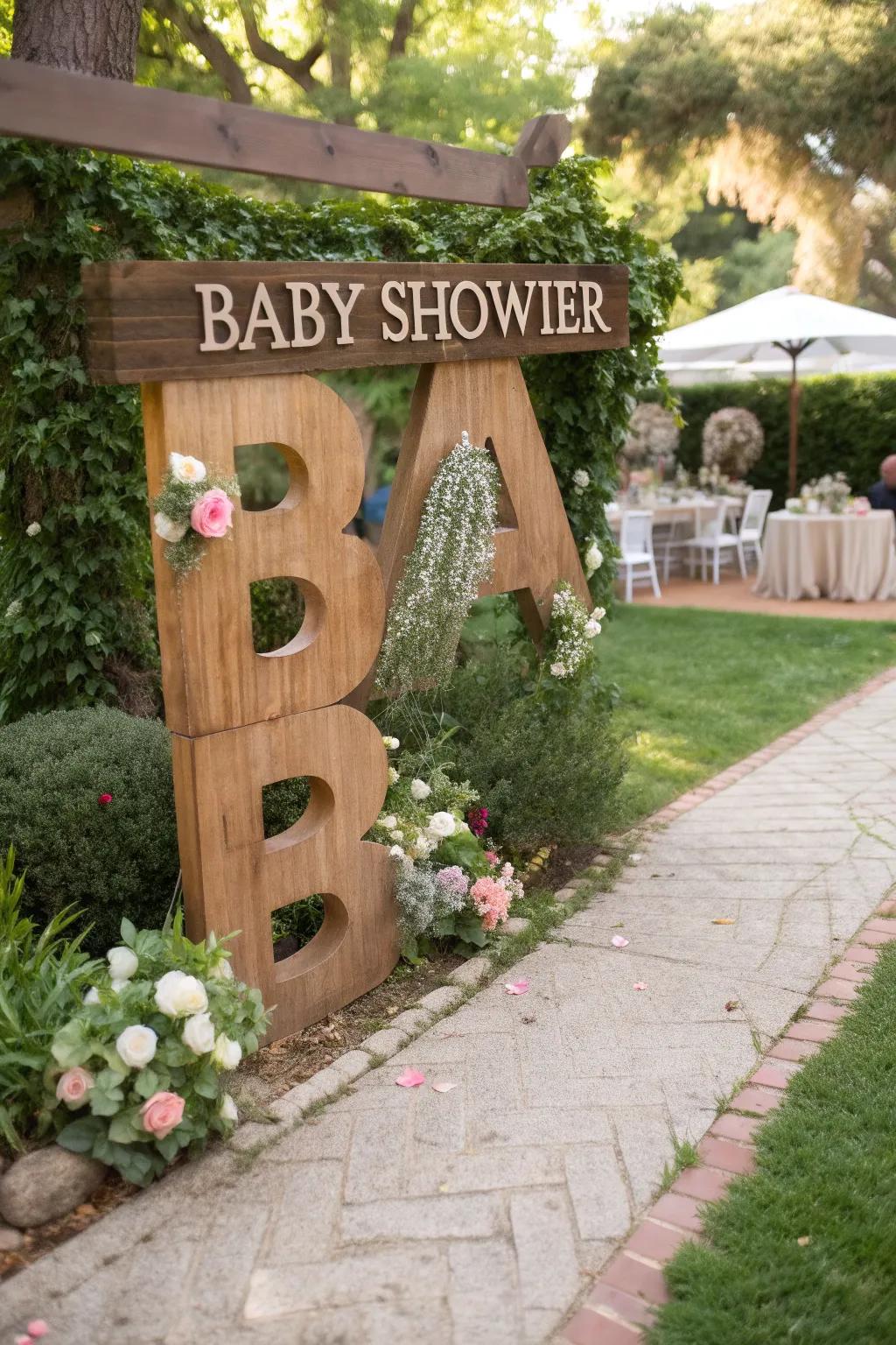 Custom initials personalize the baby shower entrance beautifully.