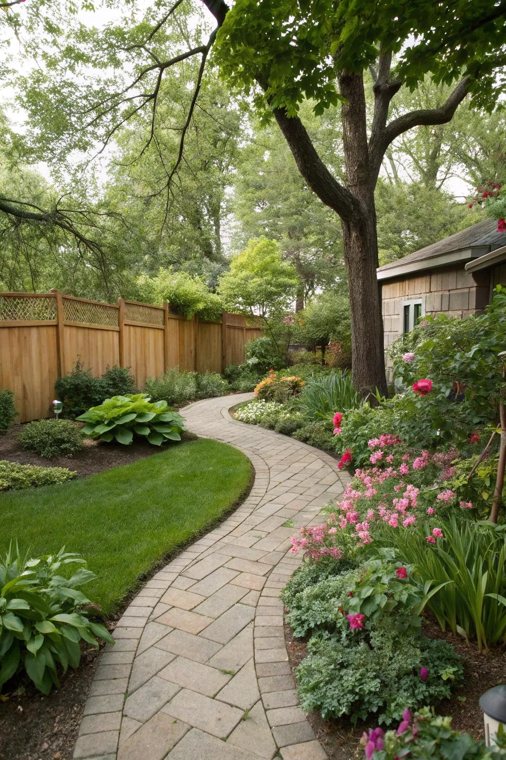 A stone pathway adds elegance and direction to the garden.