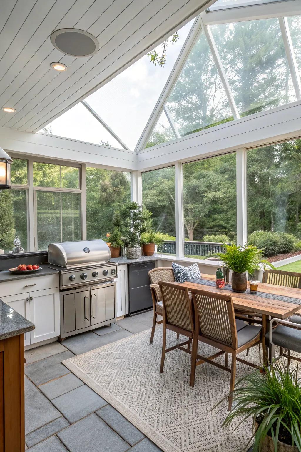 An enclosed screened porch offers a bug-free outdoor kitchen experience.