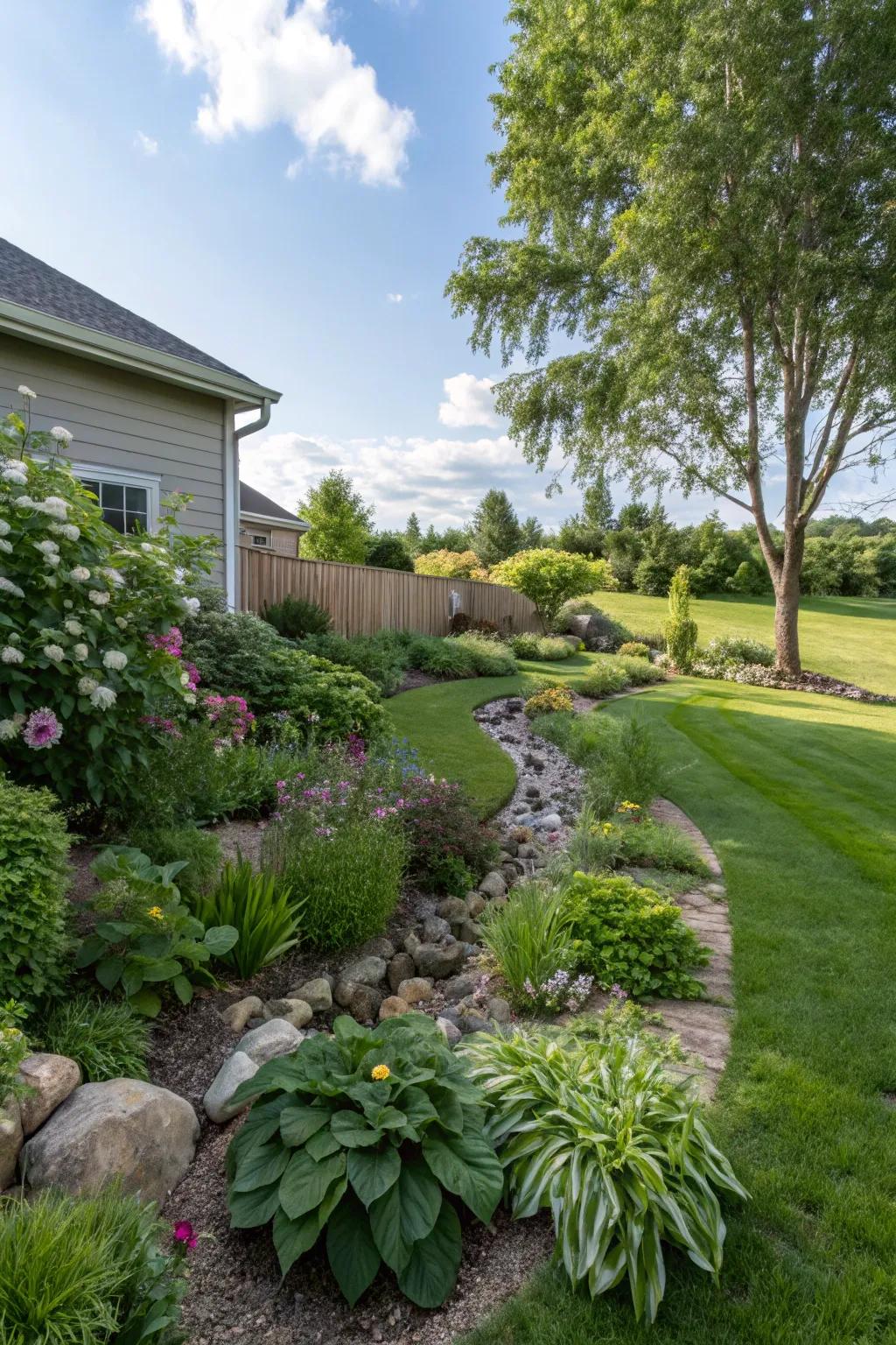 A beautifully landscaped swale managing water flow naturally.