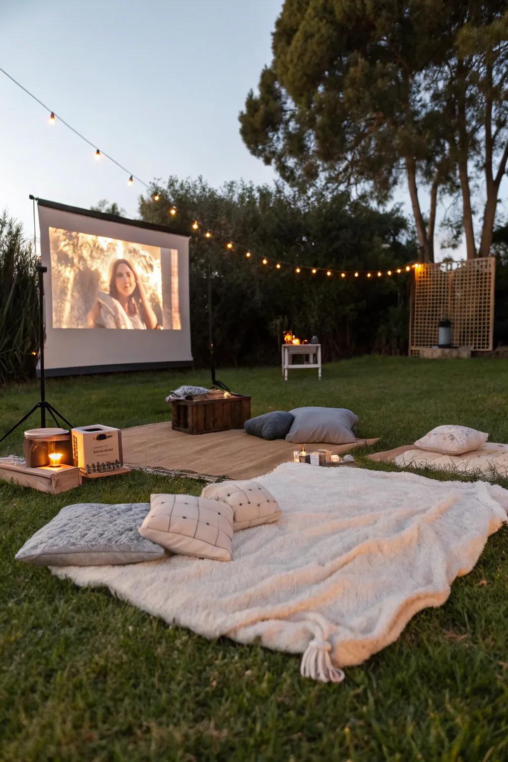 An outdoor cinema setup invites starry movie nights.