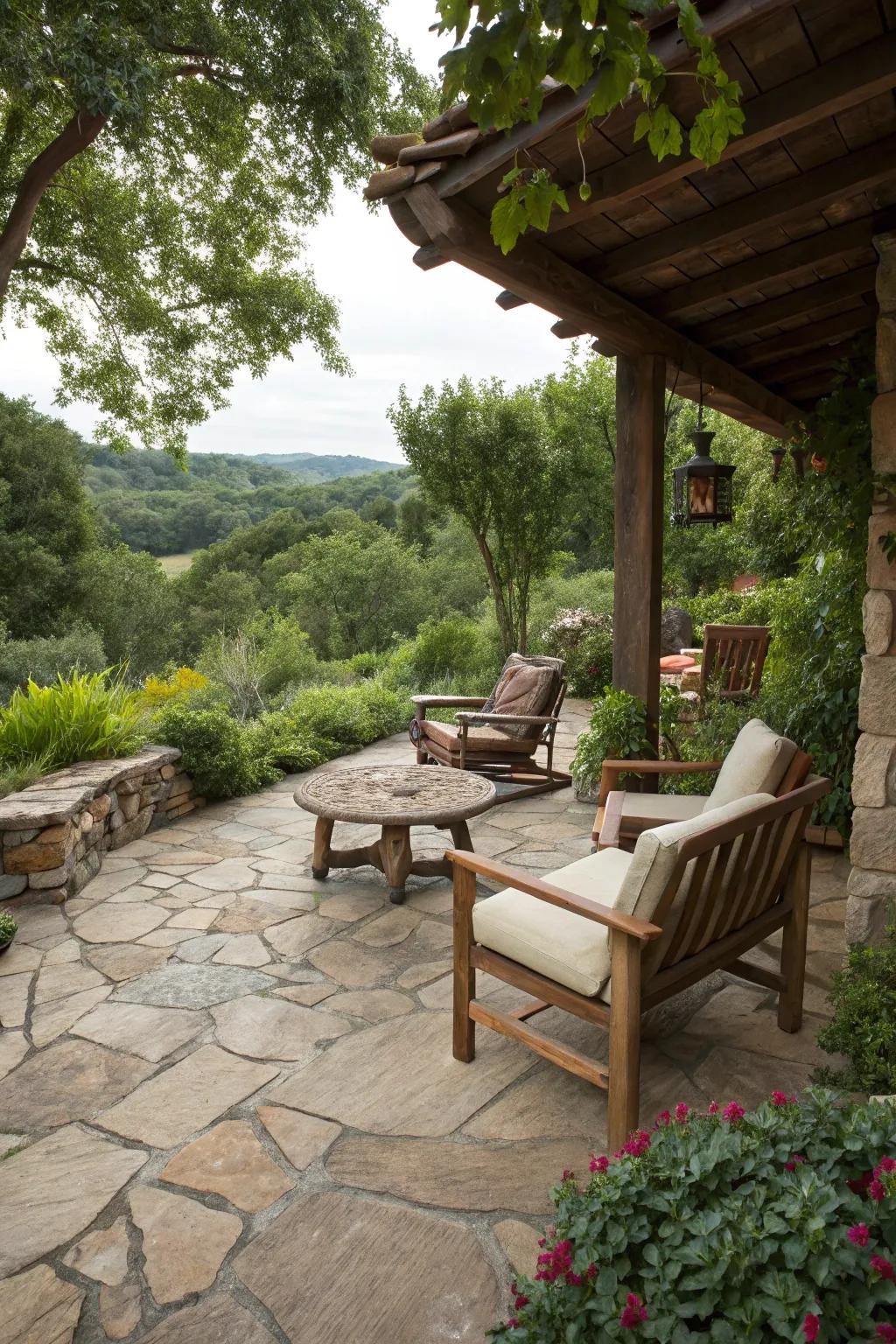 Rustic flagstone flooring adds natural beauty and character to patios.