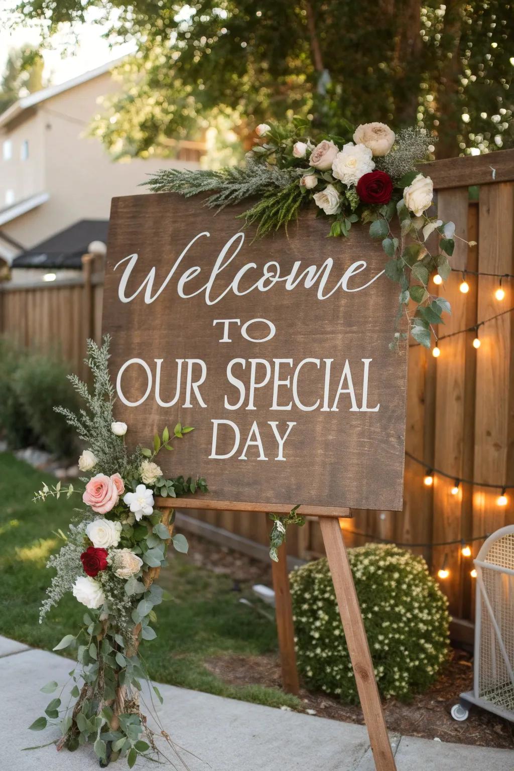 A personalized welcome sign greets guests warmly at the wedding entrance.