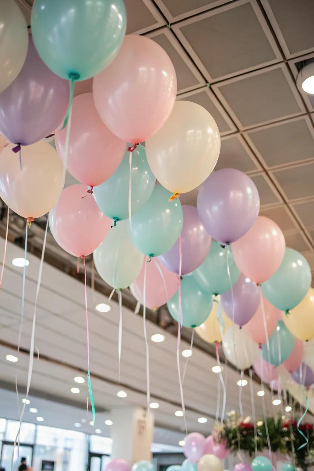 A whimsical balloon ceiling creates a fairy tale atmosphere.