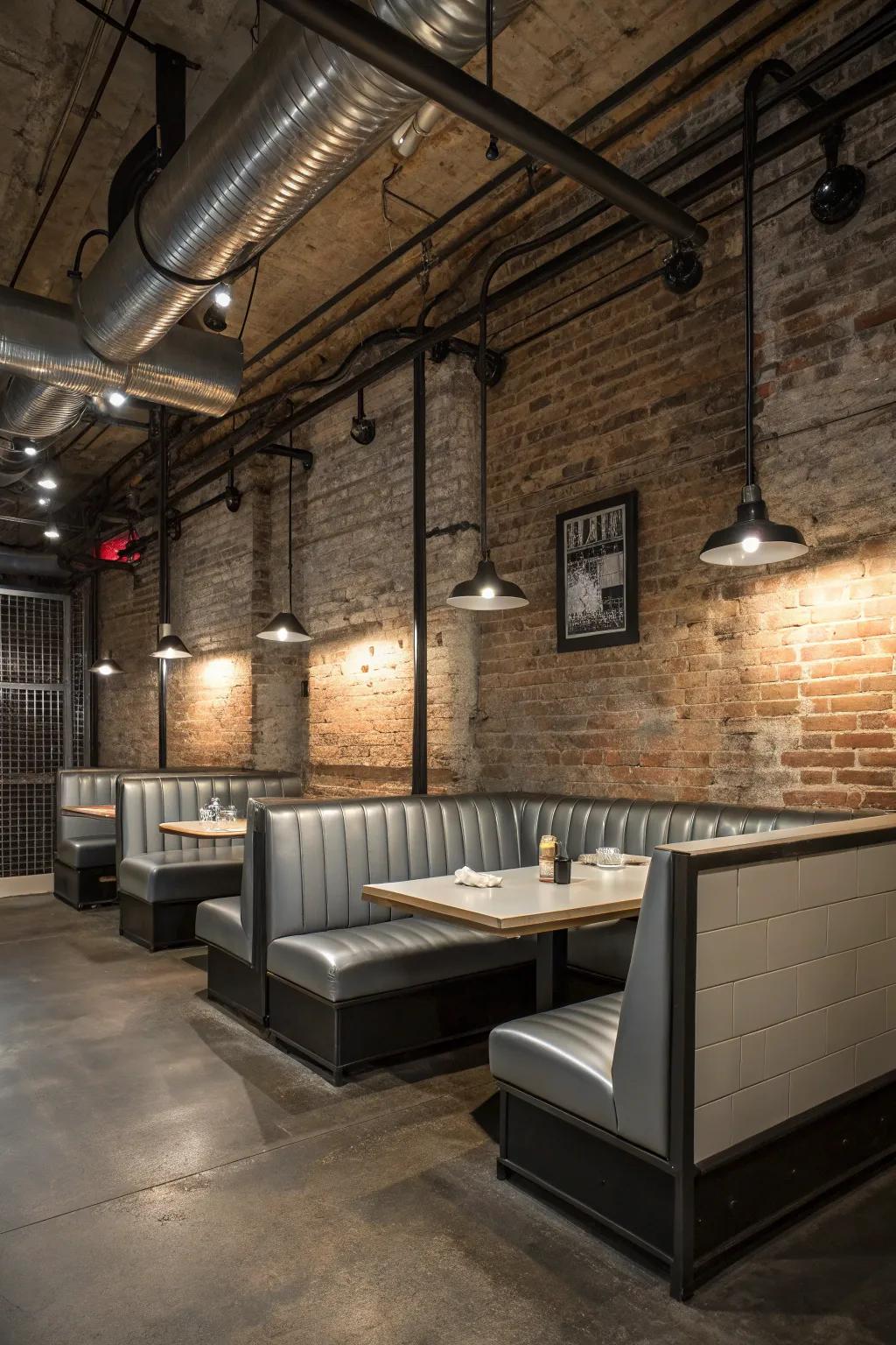 An industrial-style dining room featuring metal-accented banquette seating.