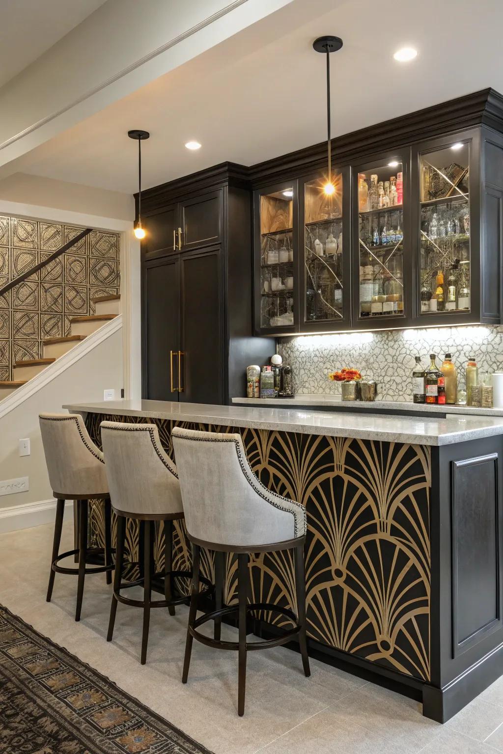 A home bar with an Art Deco-inspired backsplash featuring bold graphic shapes.