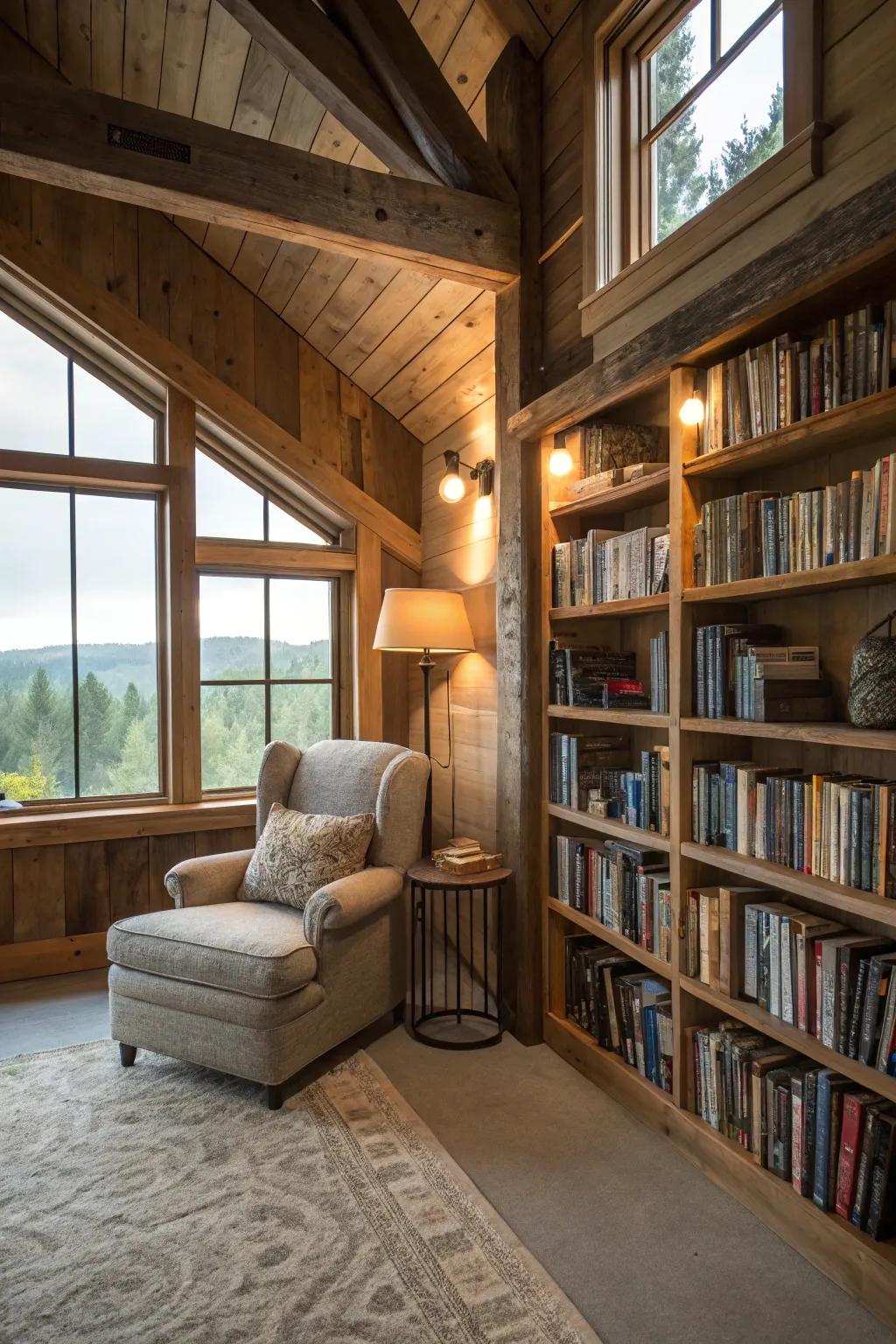 A charming loft space serving as a cozy reading nook in this barndominium.