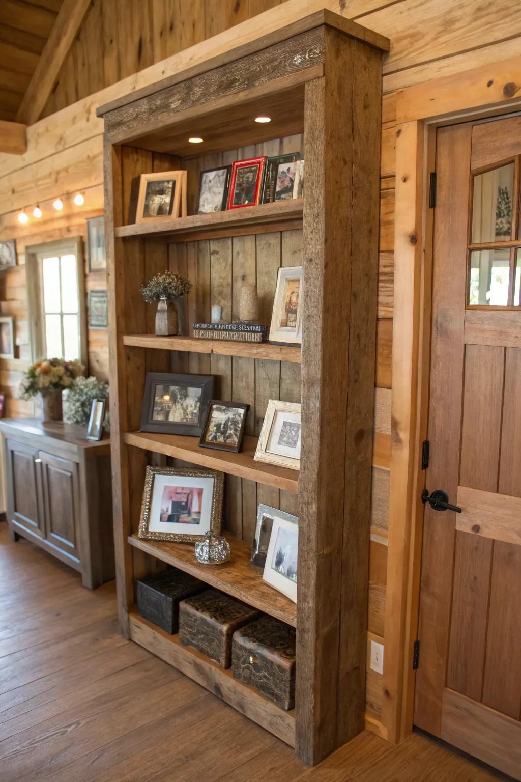 Barnwood frame used in a shelving unit.