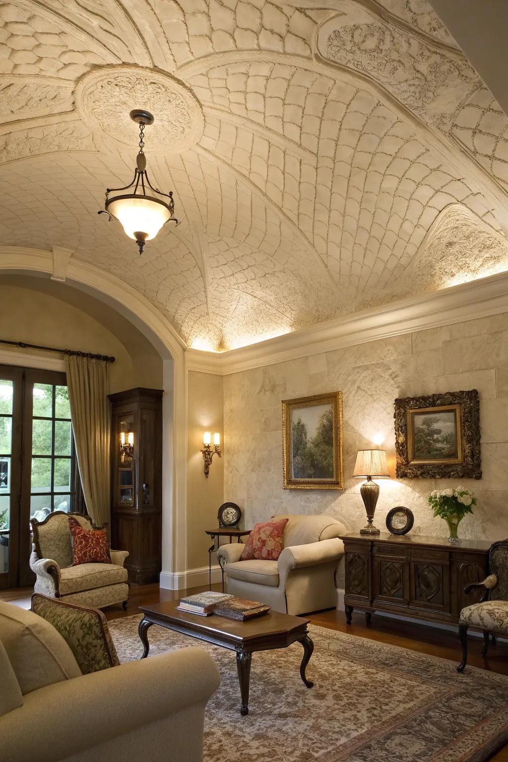 A living room with a textured plaster barrel ceiling for added depth.