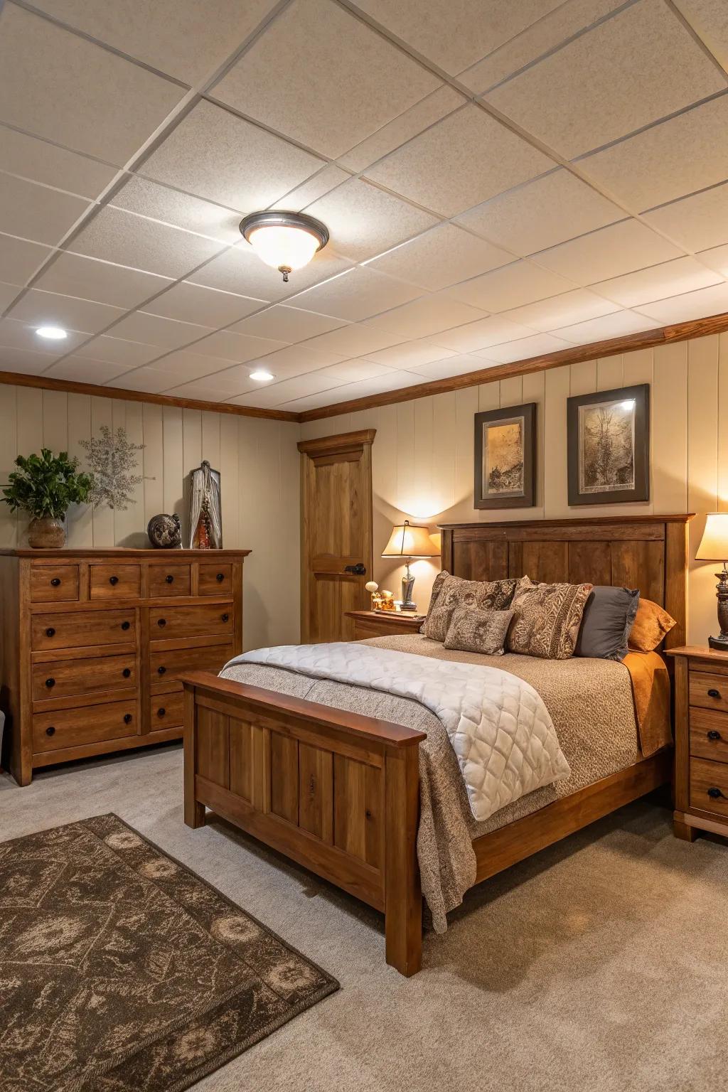 Warm wood tones can significantly enhance the coziness of your basement bedroom.
