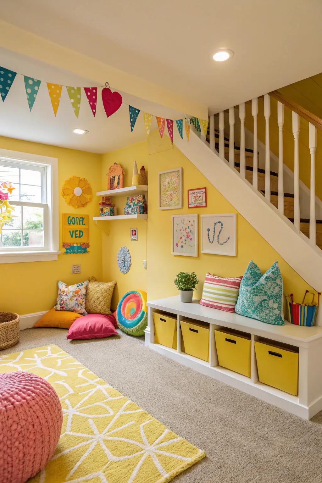 Sunny yellow walls bring cheerfulness to this playful space.