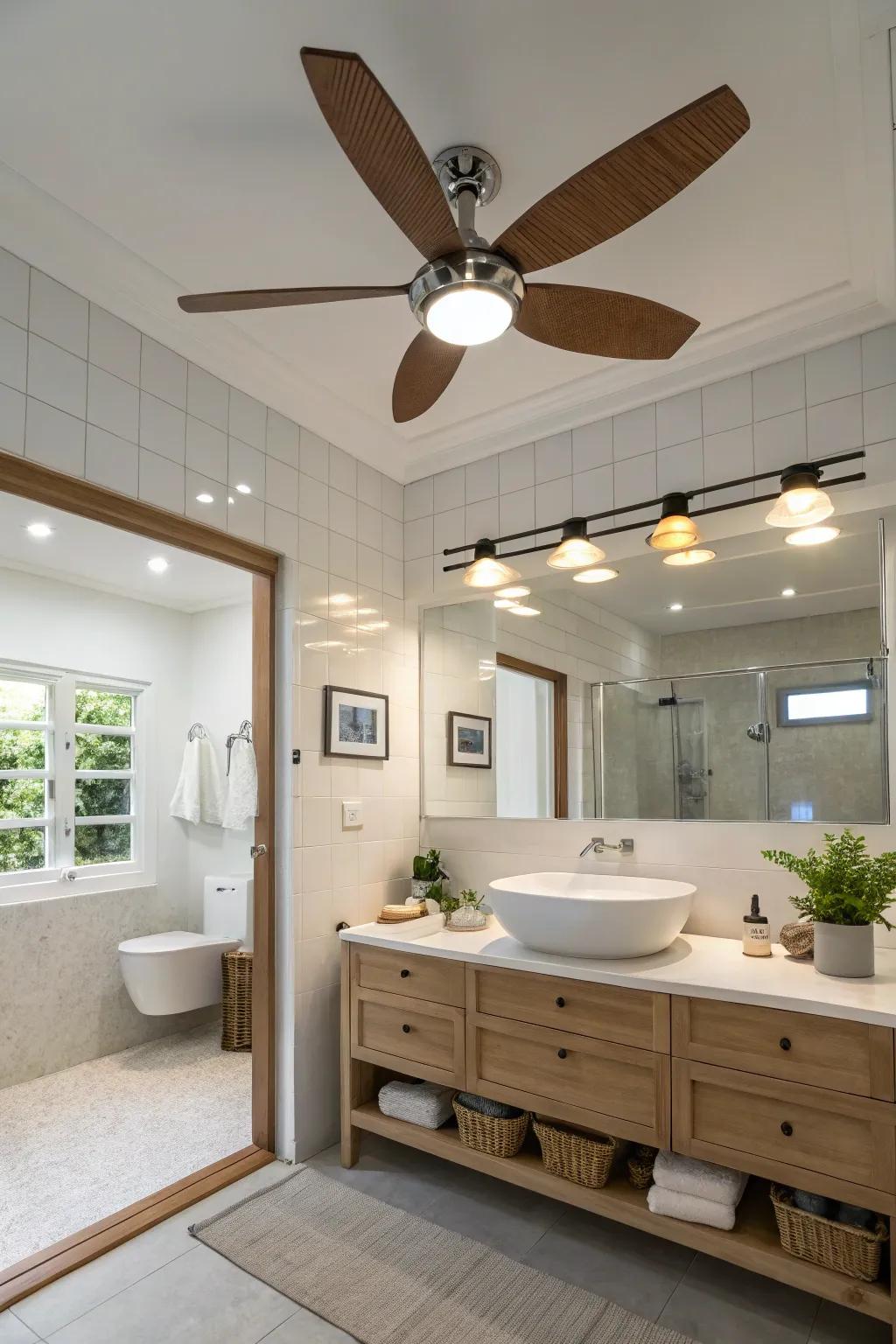 An eco-friendly bathroom with a ceiling fan featuring LED lights.