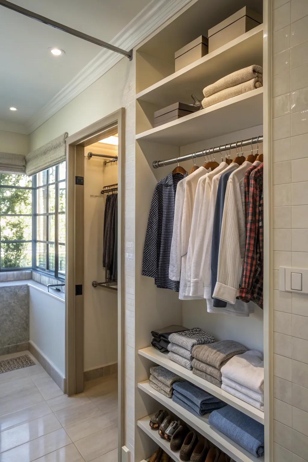 A cleverly installed rod for hanging clothes beneath shelves.