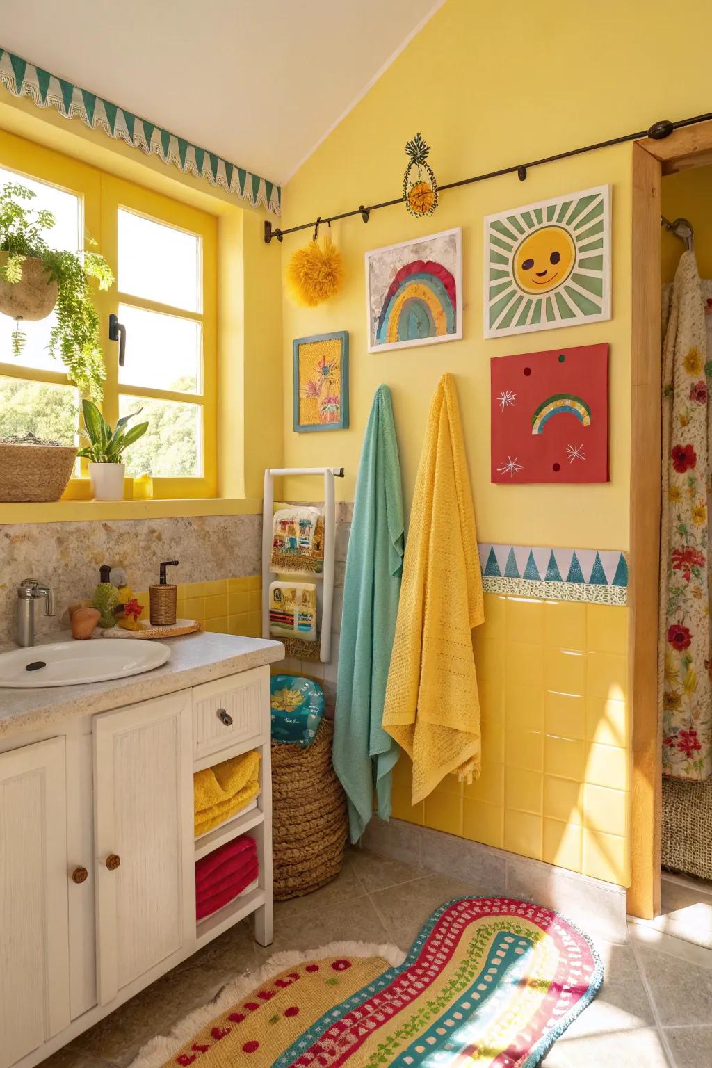 Sunny yellow walls bring a cheerful vibe to the bathroom.