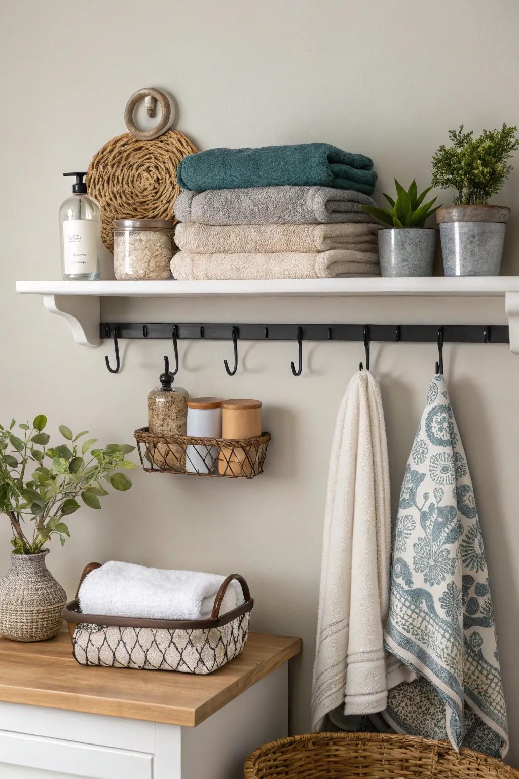 Floating shelves with hooks offer smart storage.