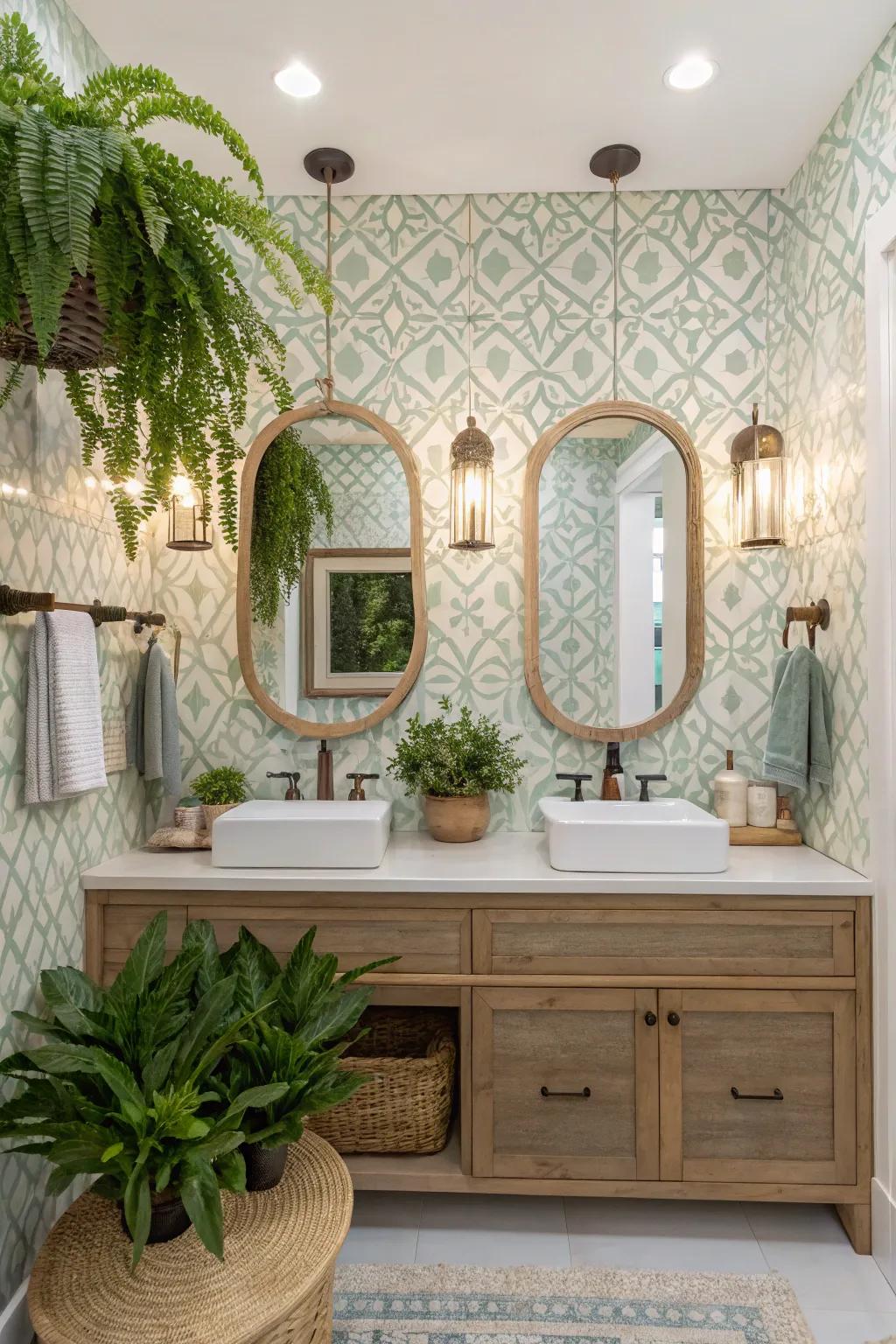 Achieve a cohesive look by matching your wallpaper with bathroom decor.