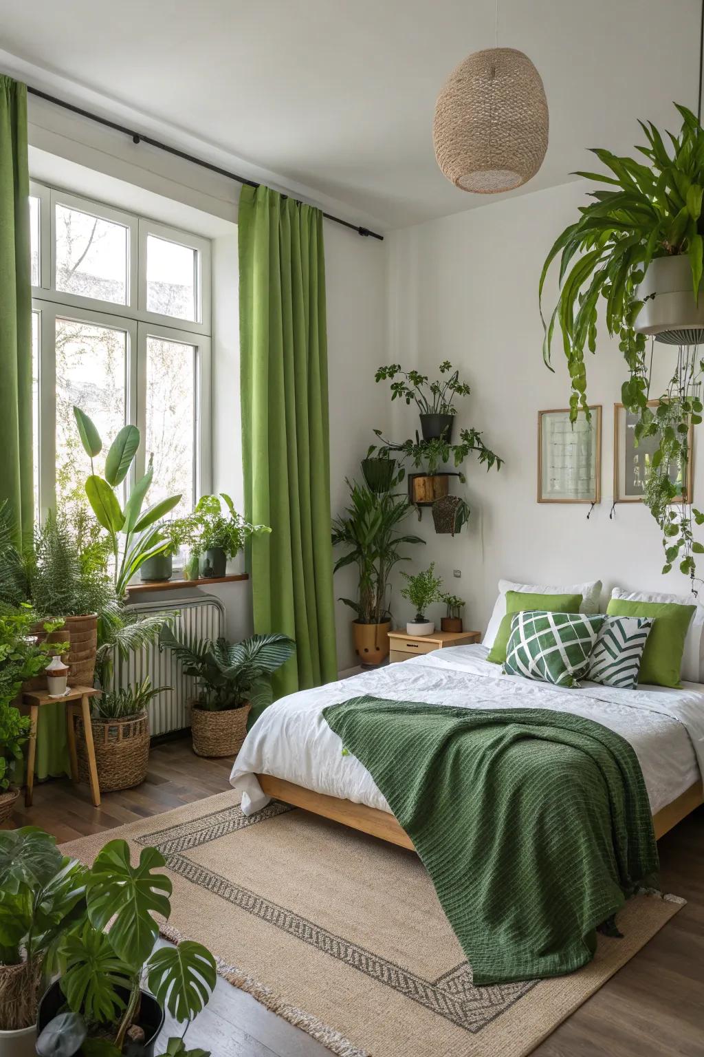 Greenery breathes life into this harmonious bedroom.