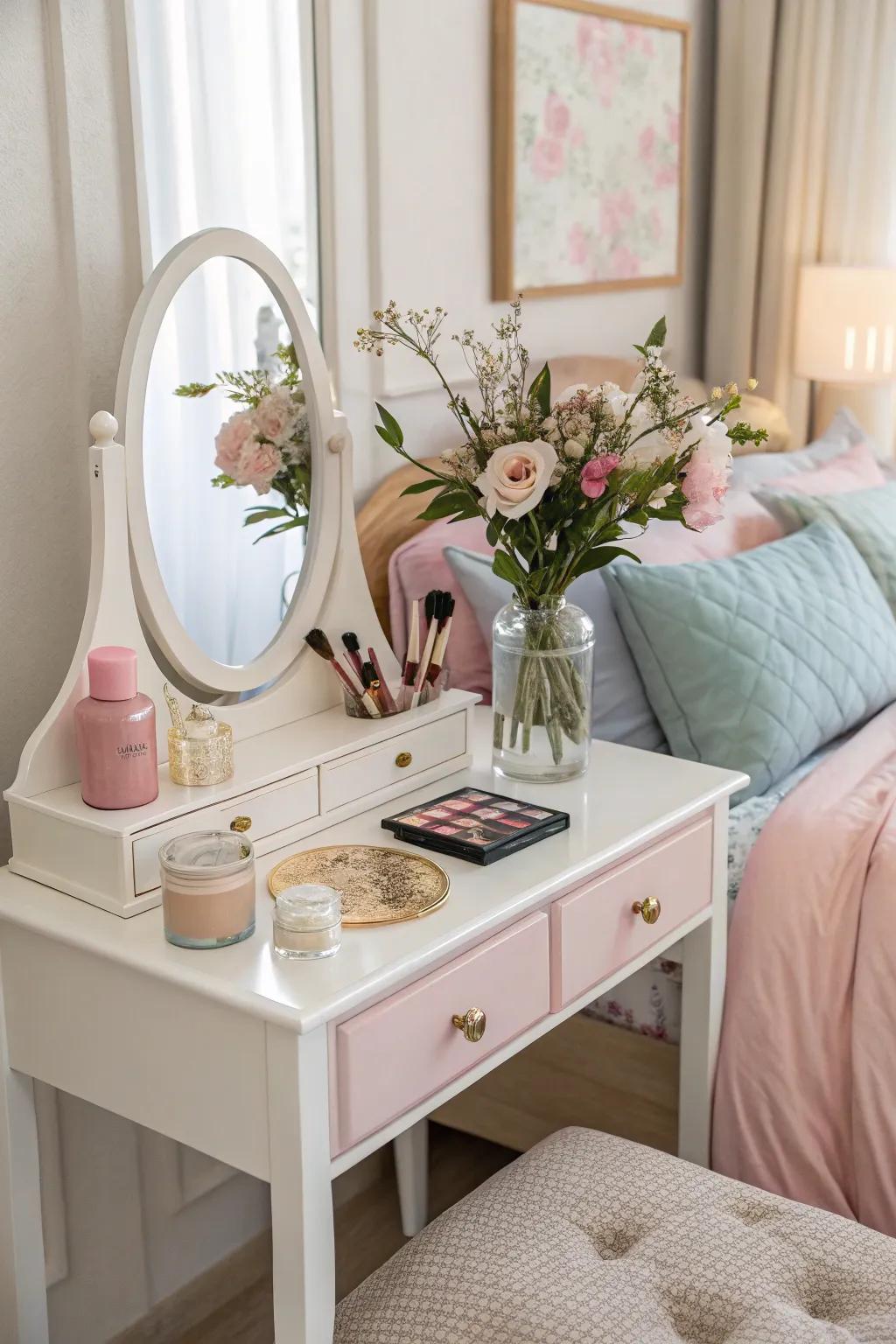 A calming vanity in soft pastel hues.