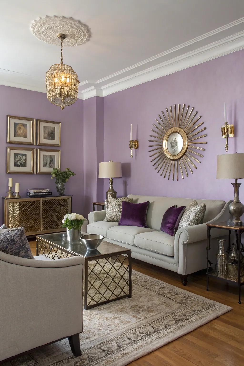 Lavender walls create a luxurious and calming atmosphere.