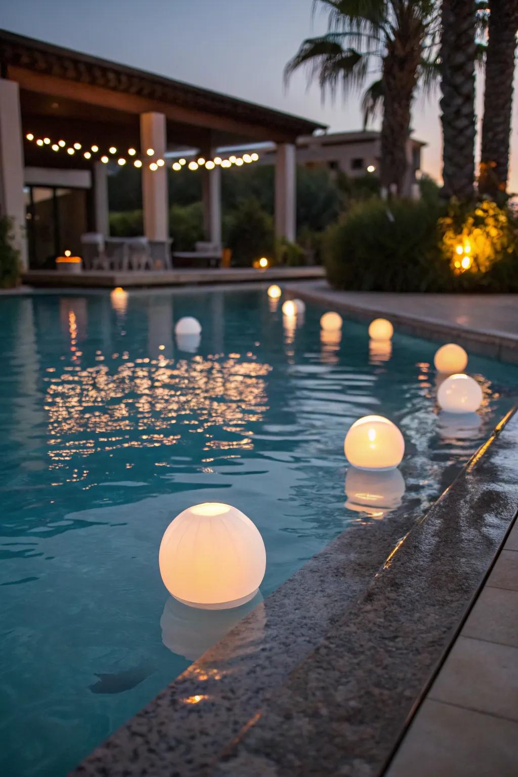 Floating lights add serenity to pool parties.