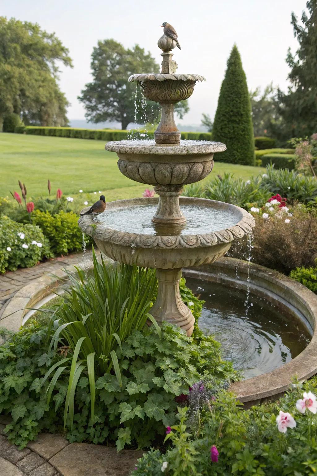 A multi-level bird bath inviting a variety of feathered visitors.