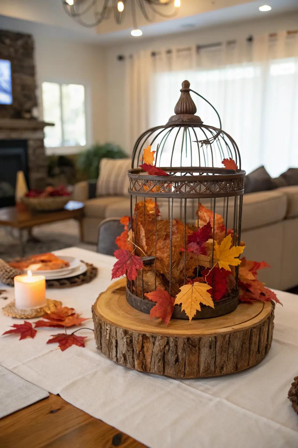 A bird cage centerpiece celebrating the beauty of autumn.