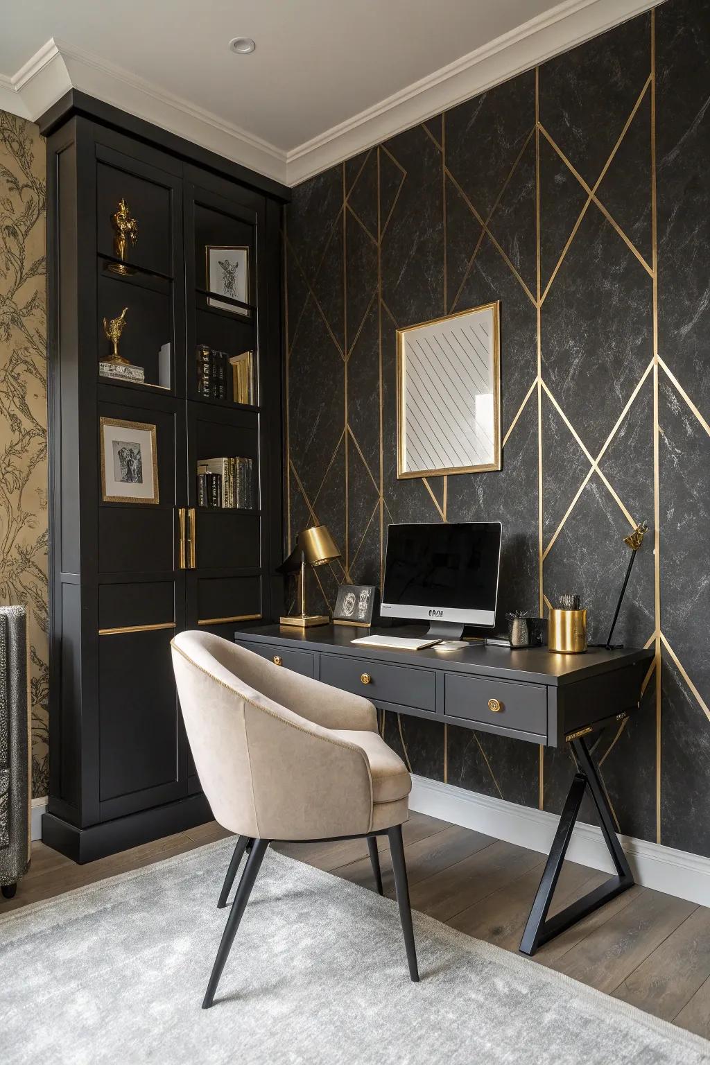 Textured walls with gold accents add depth and luxury to your office.