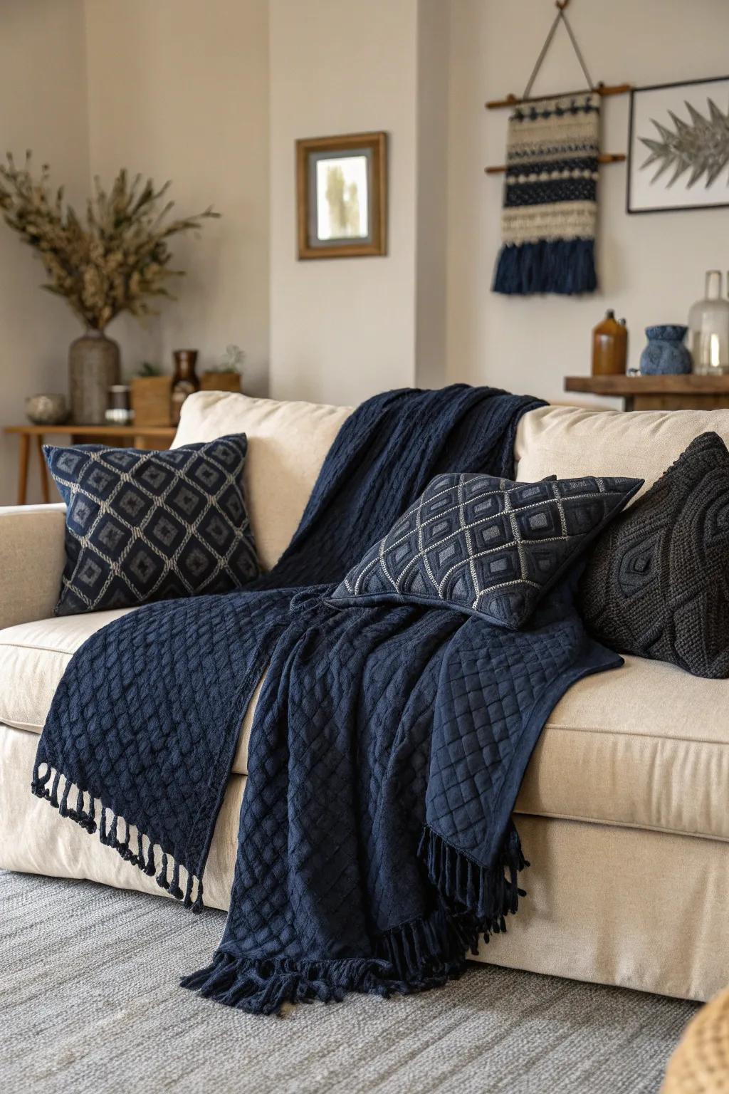 Textured throws and cushions create a cozy atmosphere.