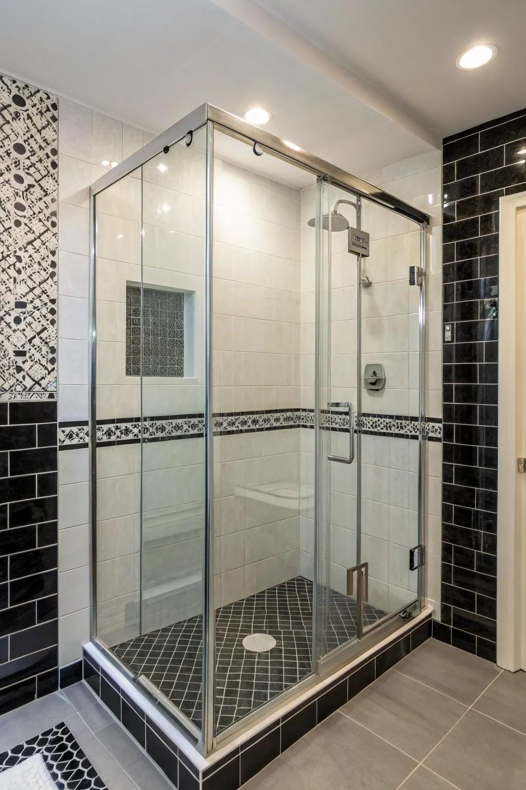 Clear glass doors showcase the elegant tile work.