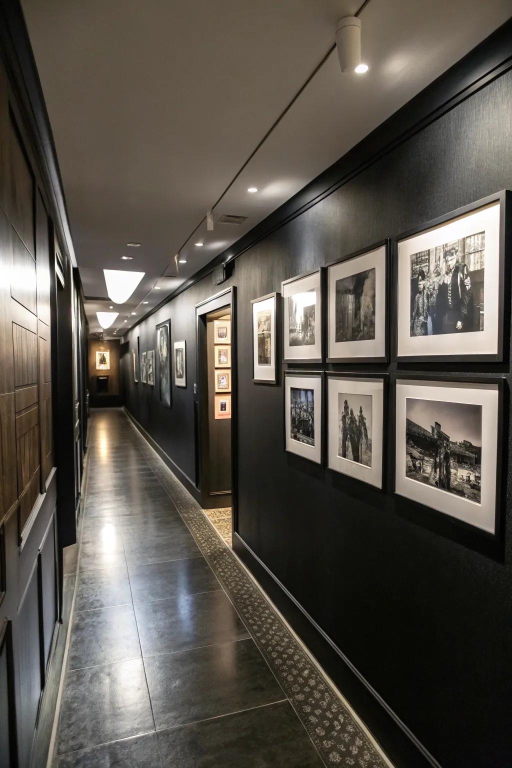 A gallery wall adds a personal touch to a black hallway.