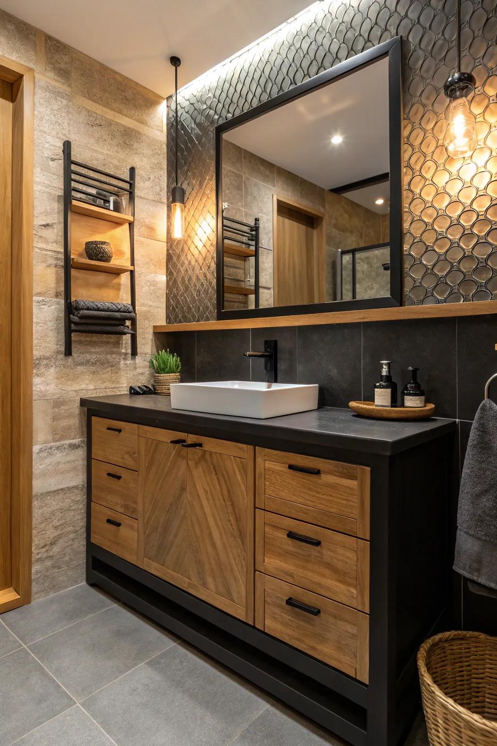 Wooden elements introduce warmth and a natural feel to a black vanity setup.